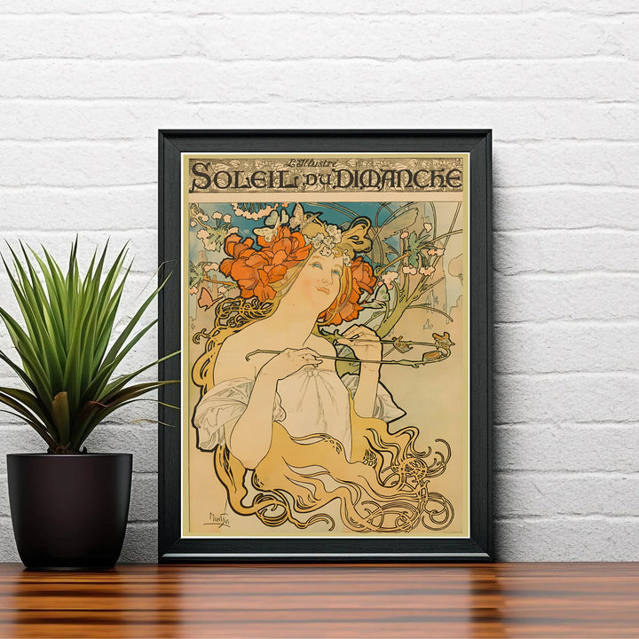French Art Nouveau poster Soleil Du Dimanche by artist Alphonse Mucha showcasing a maiden holding a branch in Paris. Discover custom framed, unframed, and canvas print decor options at MapYourDreams.