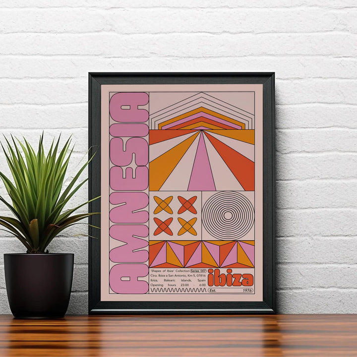 Artistic geometric club poster capturing the rhythmic heritage and retro graphic style of Amnesia Ibiza in the Balearic Islands, available from MapYourDreams with catalog choices for an unframed archival poster, a stretched gallery canvas print, or a custom framed wall display.