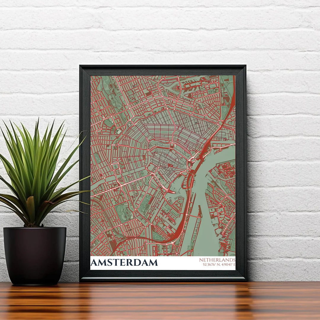 Earthy European travel map print capturing the cartographic beauty and road grid of Amsterdam Netherlands, available at MapYourDreams as an unframed archival poster, a stretched gallery canvas print, or a custom framed wall display designed for executive office spaces.