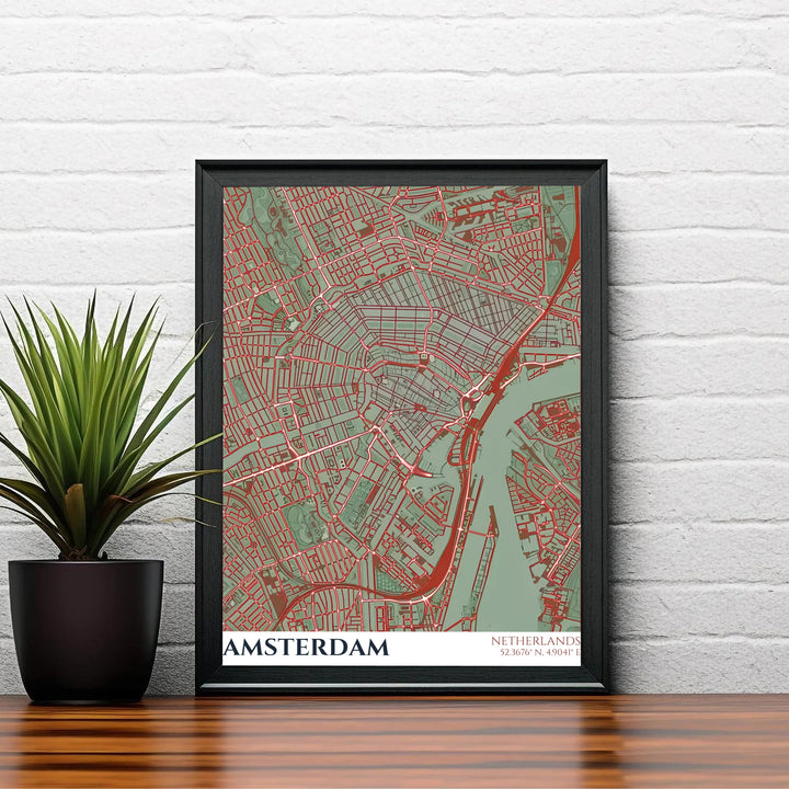Earthy European travel map print capturing the cartographic beauty and road grid of Amsterdam Netherlands, available at MapYourDreams as an unframed archival poster, a stretched gallery canvas print, or a custom framed wall display designed for executive office spaces.