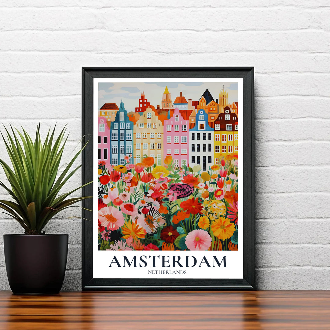 Charming European garden art print capturing the romantic beauty of pastel canal houses and wildflowers in Amsterdam Netherlands, available at MapYourDreams as an unframed archival poster, a stretched gallery canvas print, or a custom framed wall display designed for sunlit living spaces.