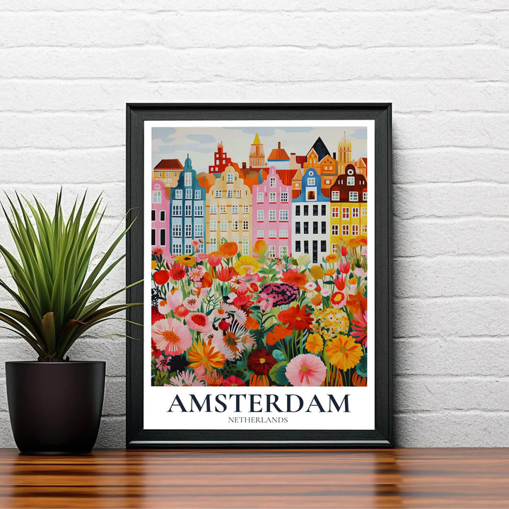 Charming European garden art print capturing the romantic beauty of pastel canal houses and wildflowers in Amsterdam Netherlands, available at MapYourDreams as an unframed archival poster, a stretched gallery canvas print, or a custom framed wall display designed for sunlit living spaces.