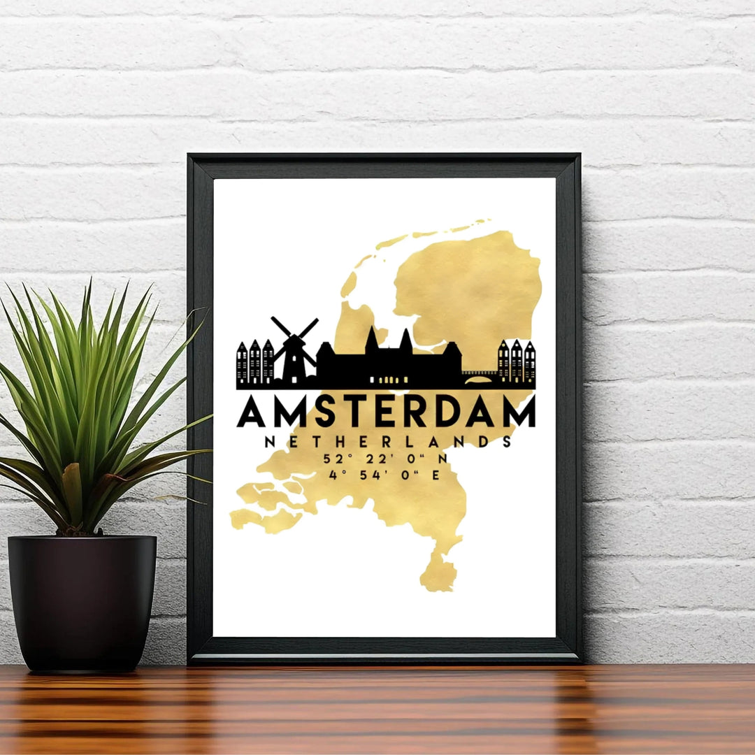 Elegant European travel map print capturing the silhouette of the Netherlands in gold tone with black Amsterdam city landmarks, available at MapYourDreams as an unframed archival poster, a stretched gallery canvas print, or a custom framed wall display designed for formal dining room spaces.