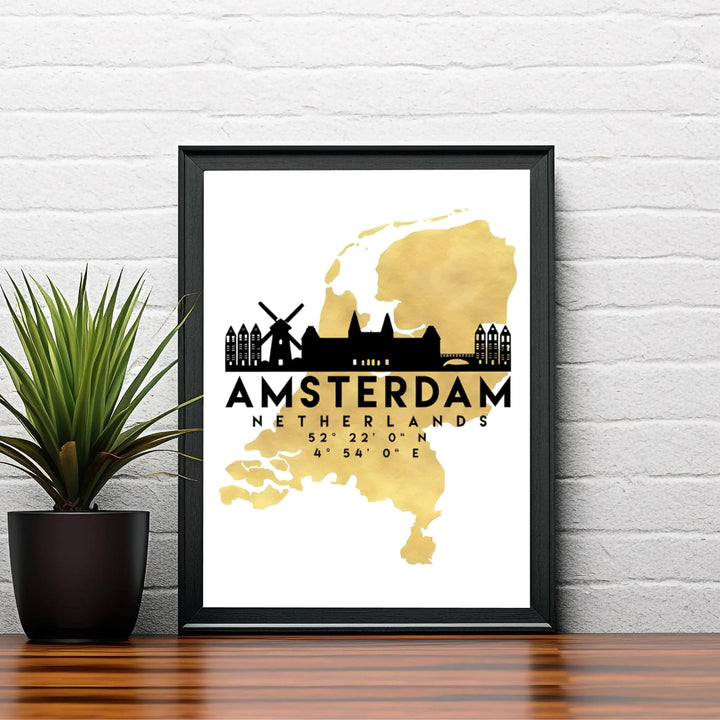 Elegant European travel map print capturing the silhouette of the Netherlands in gold tone with black Amsterdam city landmarks, available at MapYourDreams as an unframed archival poster, a stretched gallery canvas print, or a custom framed wall display designed for formal dining room spaces.