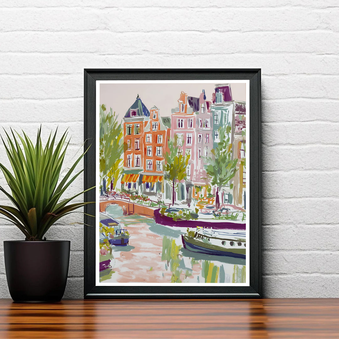 Dreamy European canal scene print capturing the artistic beauty of soft gouache architecture in Amsterdam Netherlands, available at MapYourDreams as an unframed archival poster, a stretched gallery canvas print, or a custom framed wall display designed for reading nooks.