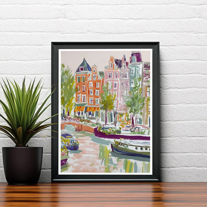Dreamy European canal scene print capturing the artistic beauty of soft gouache architecture in Amsterdam Netherlands, available at MapYourDreams as an unframed archival poster, a stretched gallery canvas print, or a custom framed wall display designed for reading nooks.