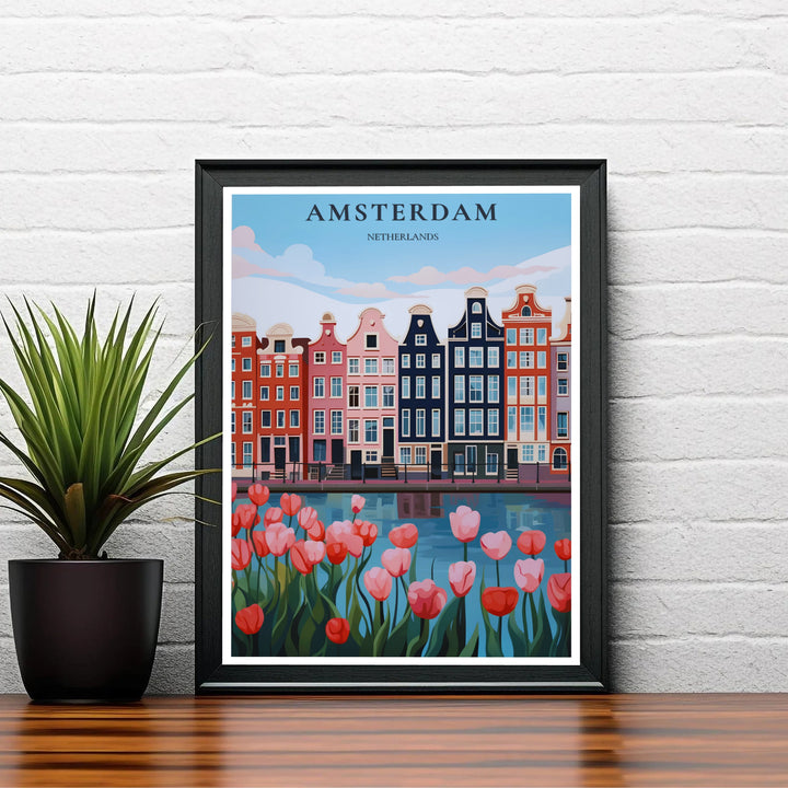 Crisp vector city scene print capturing the colorful charm of gabled townhouses and pink tulips in Amsterdam Netherlands, available at MapYourDreams as an unframed archival poster, a stretched gallery canvas print, or a custom framed wall display designed for living room focal points.