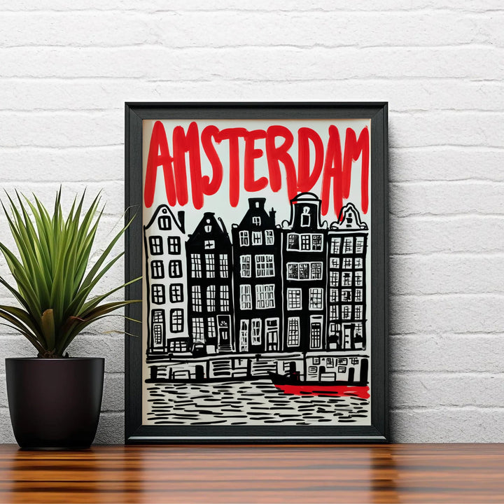 Dramatic exhibition style city print capturing the raw printmaking charm of gabled townhouses in Amsterdam Netherlands, available at MapYourDreams as an unframed archival poster, a stretched gallery canvas print, or a custom framed wall display designed for living room focal points.