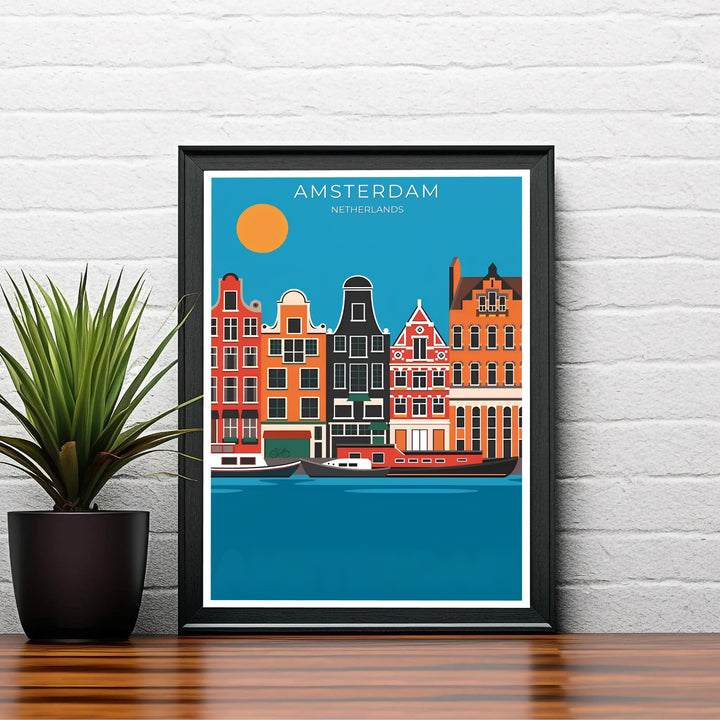 Warm retro European city decor displaying gabled canal houses and floating houseboats in Amsterdam, offered by MapYourDreams in flexible formats such as unframed paper prints, gallery wrapped canvas, or custom framing tailored to complement retro and mid-century aesthetic rooms.