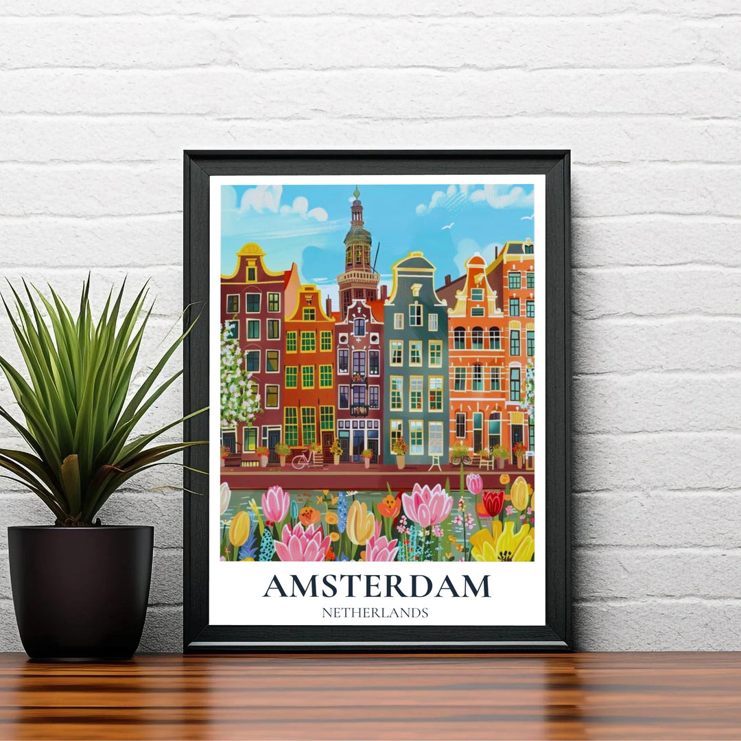 Floral European cityscape wall art featuring gabled canal houses and blooming Dutch tulips in Amsterdam, offered by MapYourDreams in flexible formats such as unframed paper prints, gallery wrapped canvas, or custom frame styling designed to enhance classic and transitional interior layouts.