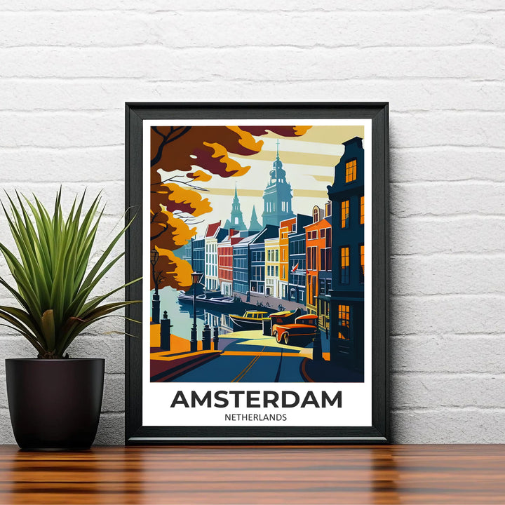 Golden-hour travel art print capturing colorful gabled facades and Saint Nicholas church spires in Amsterdam Netherlands, available from MapYourDreams with catalog choices for an unframed archival poster, a stretched gallery canvas print, or a custom framed wall display for study rooms.