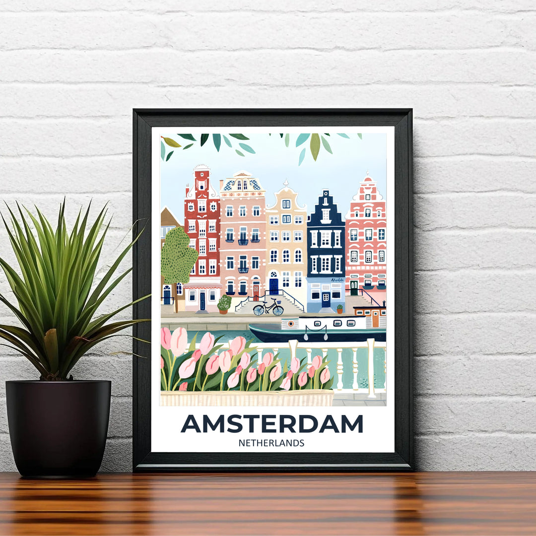 Soft floral European cityscape wall art featuring blush pink townhouses and green foliage along an Amsterdam canal, offered by MapYourDreams where options include unframed paper prints, gallery wrapped canvas decor, or custom frame styling designed to enhance Scandinavian interior layouts.