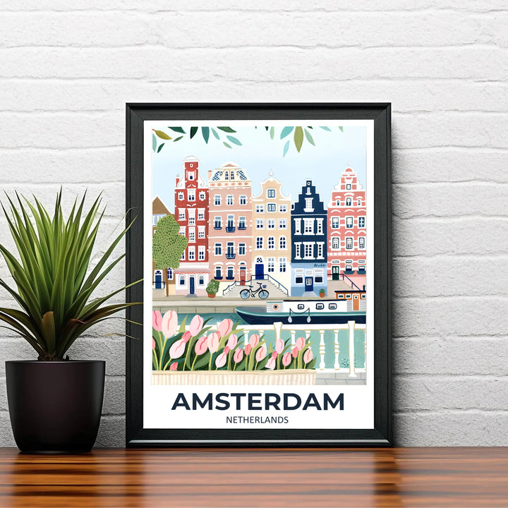 Soft floral European cityscape wall art featuring blush pink townhouses and green foliage along an Amsterdam canal, offered by MapYourDreams where options include unframed paper prints, gallery wrapped canvas decor, or custom frame styling designed to enhance Scandinavian interior layouts.