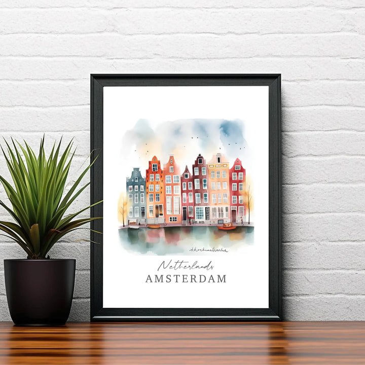 Dreamy watercolor travel art print capturing storybook canal houses and soft sky washes in Amsterdam Netherlands, available from MapYourDreams with catalog choices for an unframed archival poster, a stretched gallery canvas print, or a custom framed wall display tailored for quiet reading nooks.