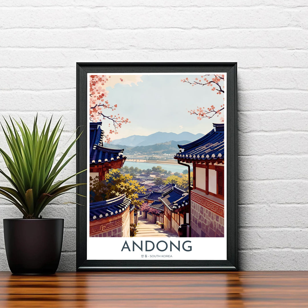 Modern vintage vector print of Andong, South Korea, displaying historic Hanok structures overlooking the Nakdong River and distant mountain contours in Hahoe Folk Village. Offered by MapYourDreams, this artwork is available in flexible options including unframed paper, custom wooden frames, and gallery canvas wraps.