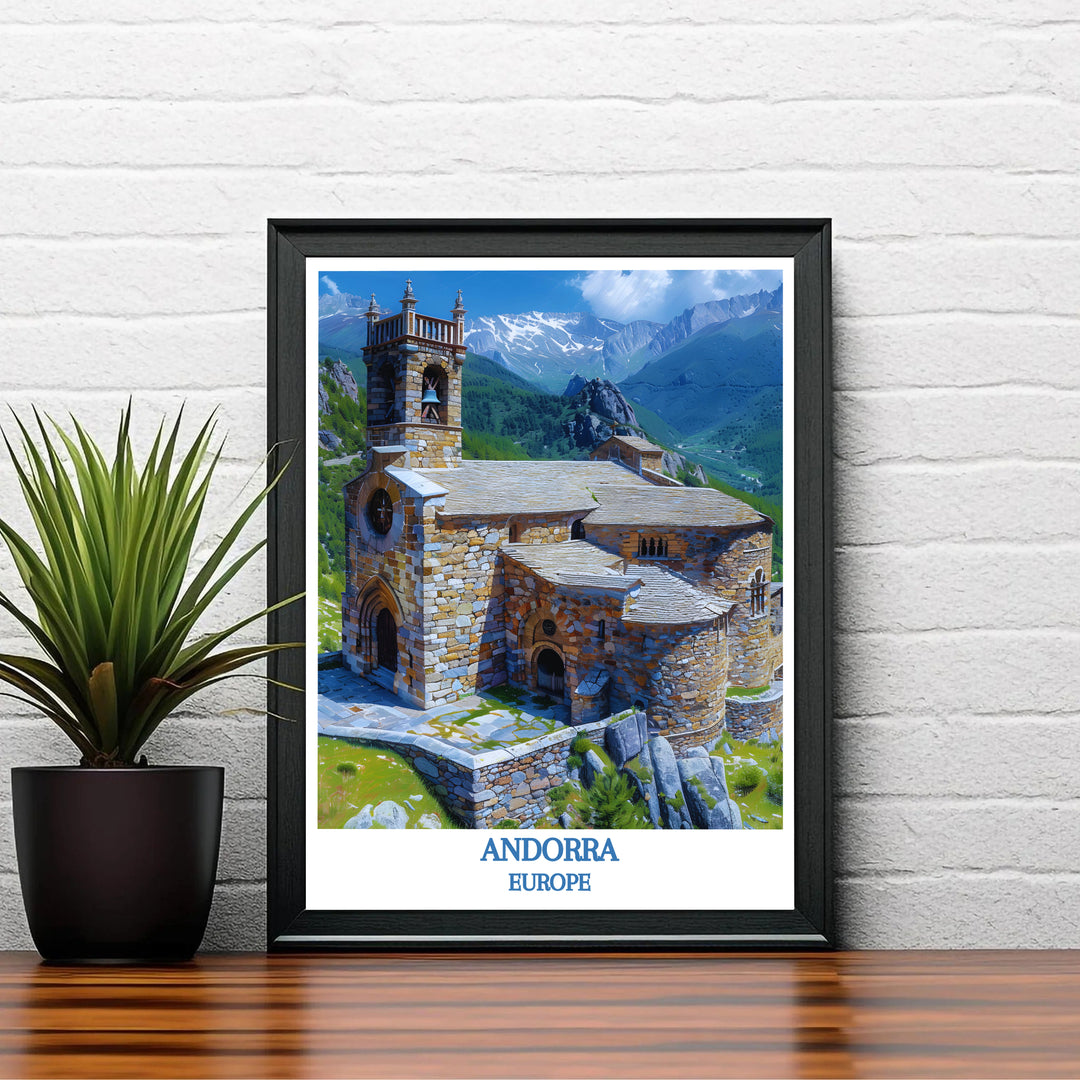 Warm stone ochres and alpine sky blue colors combine in this timeless Sant Joan de Caselles Church Andorra travel poster design. Choose tailored framed, unframed, and canvas print options at MapYourDreams.