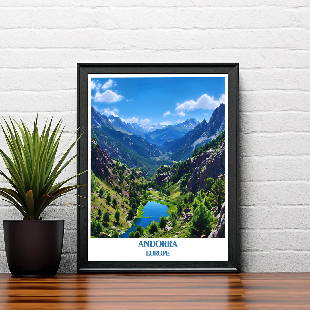 Rich forest greens and vibrant mountain sky blues combine in this Valley of Madriu-Perafita-Claror Andorra travel poster design. Choose tailored framed, unframed, and canvas print options at MapYourDreams.