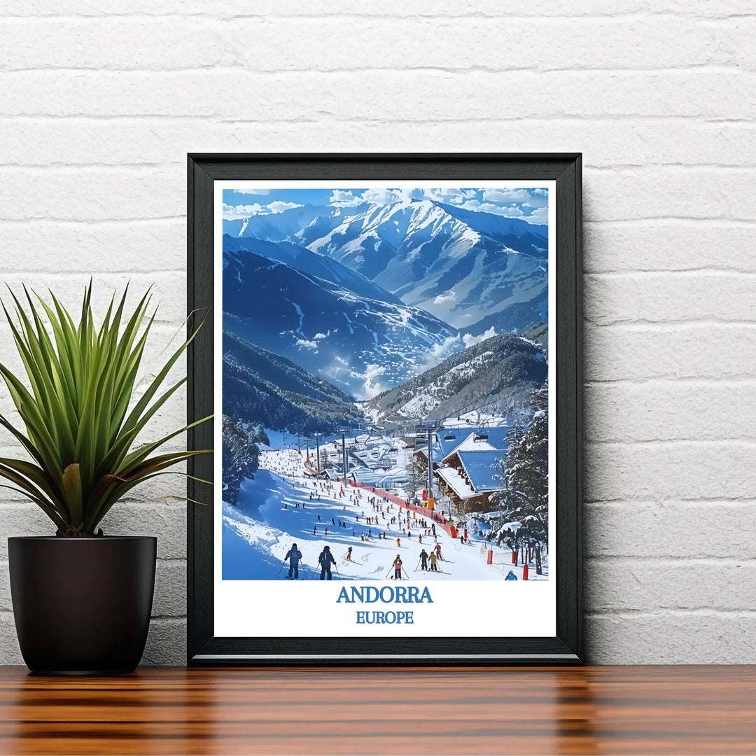 Cool glacier blues and snowy whites combine in this dynamic Vallnord Ski Resort Andorra travel poster design. Choose tailored framed, unframed, and canvas print options at MapYourDreams for decor.