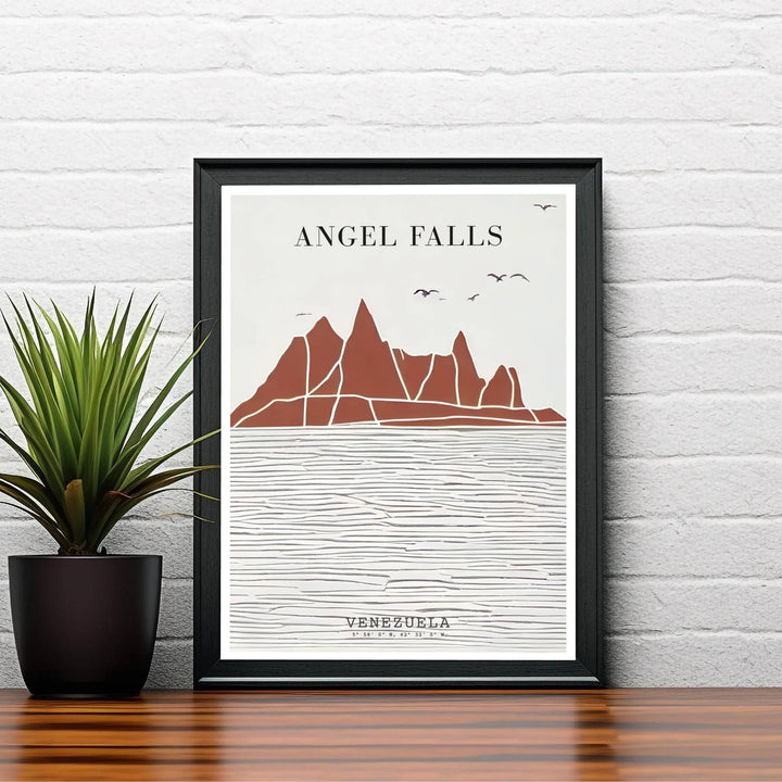 Serene boho landscape print of Angel Falls designed for modern bedrooms, living rooms, and office gallery wall displays. A signature piece from MapYourDreams, this artwork comes ready for display as unframed paper, framed art, or stretched canvas.