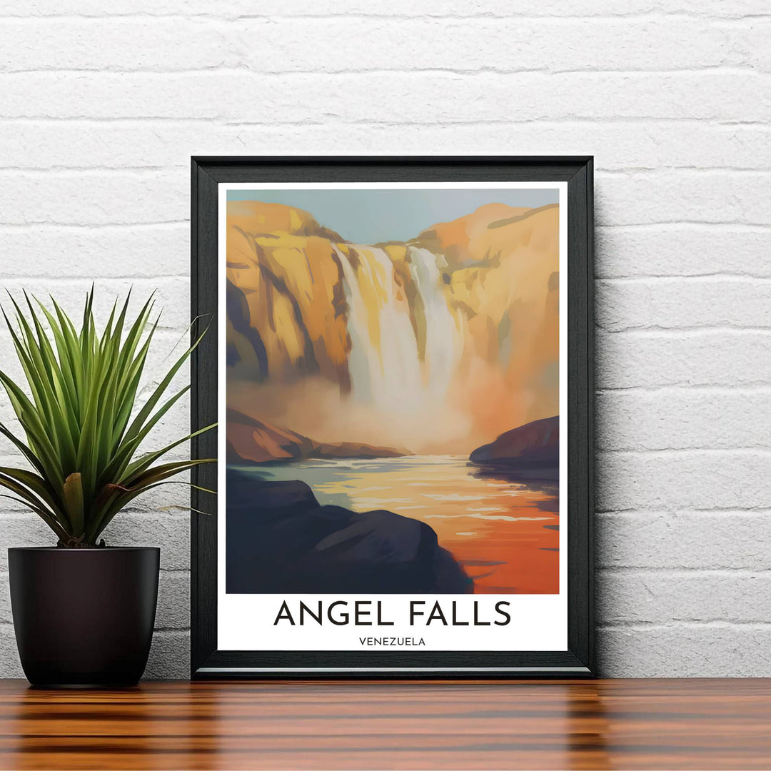 South American waterfall poster depicting glowing yellow cliffs and deep foreground rock silhouettes in central Venezuela. Created by MapYourDreams, this artwork is adaptable for any interior in unframed prints, solid wooden frames, or gallery canvas wraps.