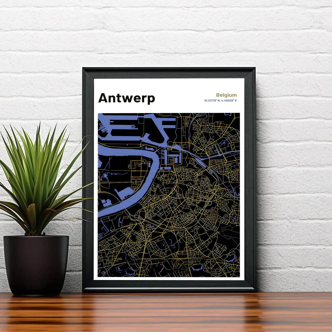 A high-contrast map art print showing the street cartography and water boundaries of Antwerp, Belgium set against a rich black aesthetic. Select your ideal format from options like unframed fine art paper, solid wood framed prints, or gallery wrapped canvas wall decor.