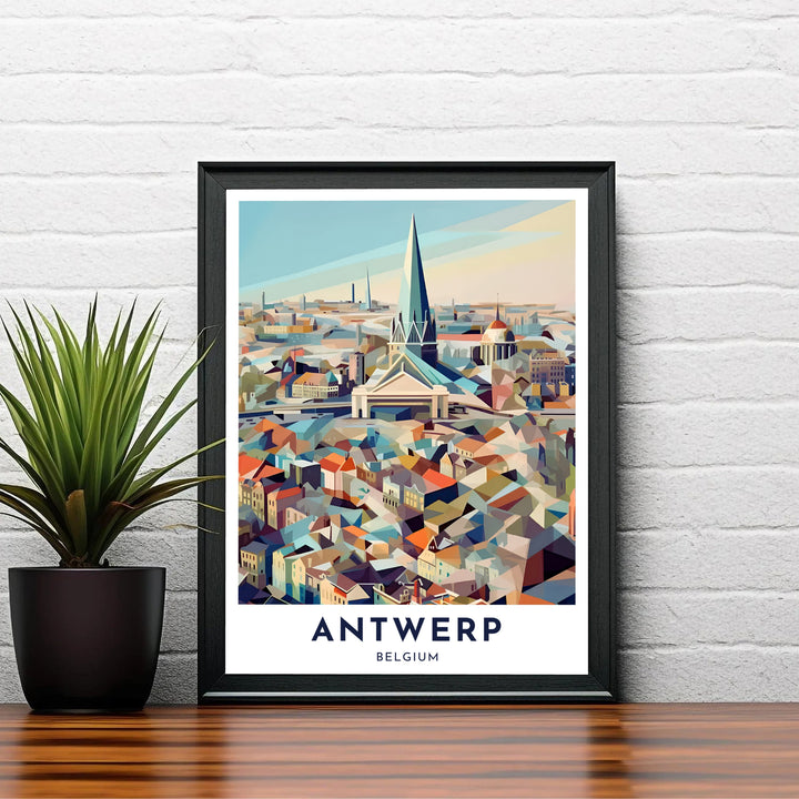 A high-contrast geometric art print showcasing the rooftops and urban architectural layout of Antwerp, Belgium, with a clean white margin and bold title. You can order this artwork as an unframed paper poster, a custom framed print, or a ready-to-hang stretched canvas wrap.