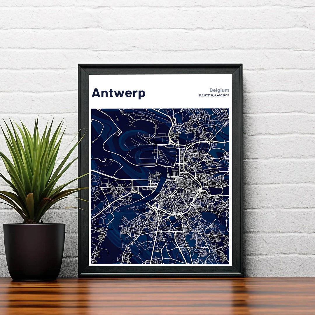 A high-contrast map print depicting the streets, bridges, and water channels of Antwerp, Belgium, set against a dark blue aesthetic. Choose your preferred finish from standalone unframed matte paper, custom decorative frames, or ready-to-hang gallery canvas options.