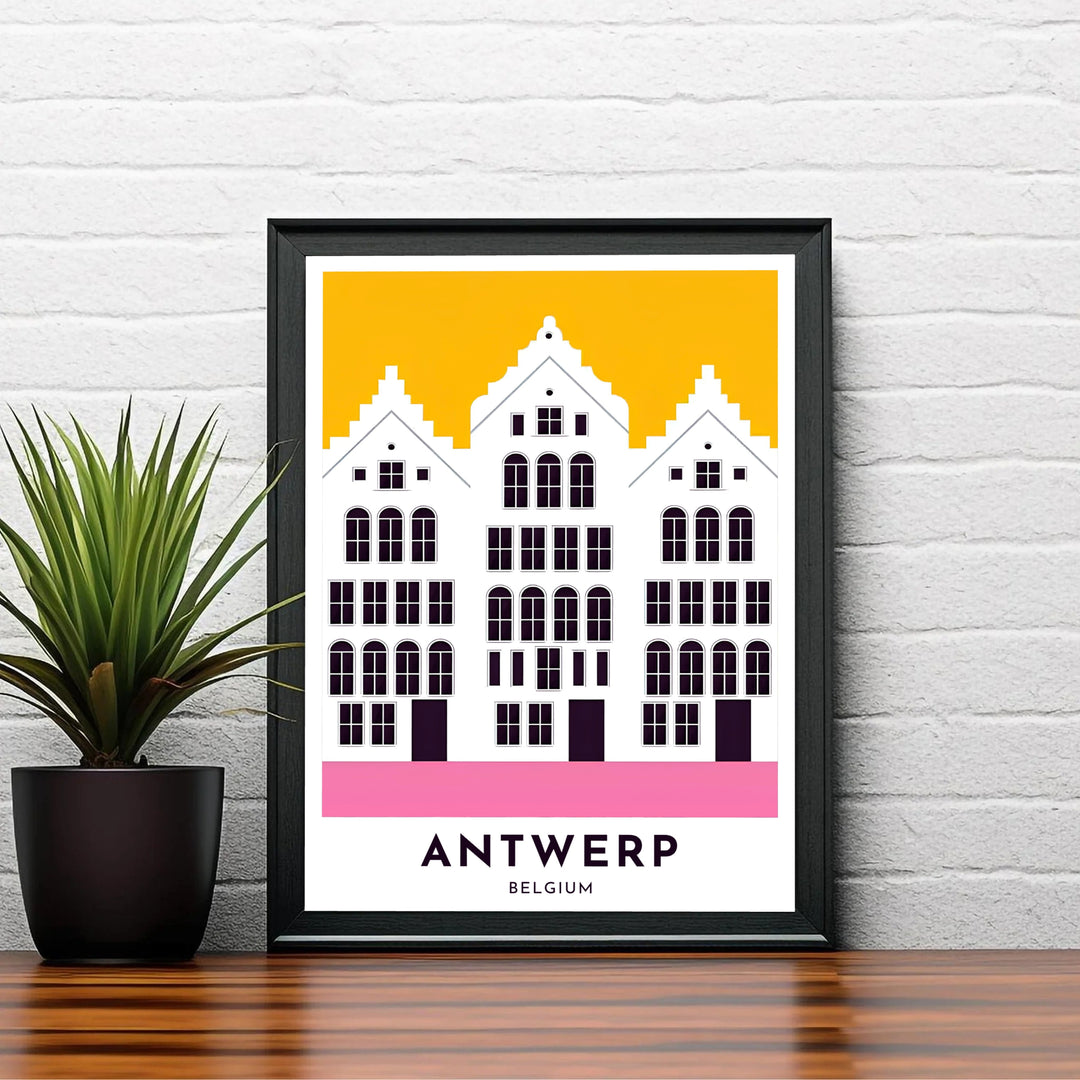 A high-contrast graphic poster depicting traditional European townhouses in Antwerp, Belgium, with modern color-blocked elements. Choose your preferred finish from standalone unframed matte paper, custom decorative frames, or ready-to-hang gallery canvas options.