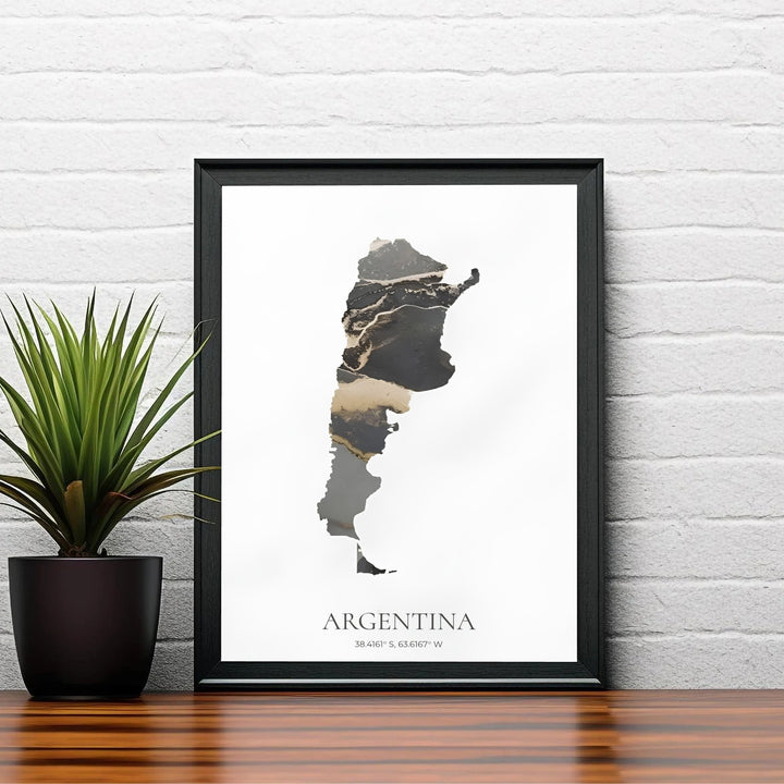Abstract Argentina map graphic with black and gold metallic liquid aesthetics set against a clean white backdrop. Offered by MapYourDreams, this artwork is available in flexible options including unframed paper, custom wooden frames, and gallery canvas wraps for minimalist home decor.