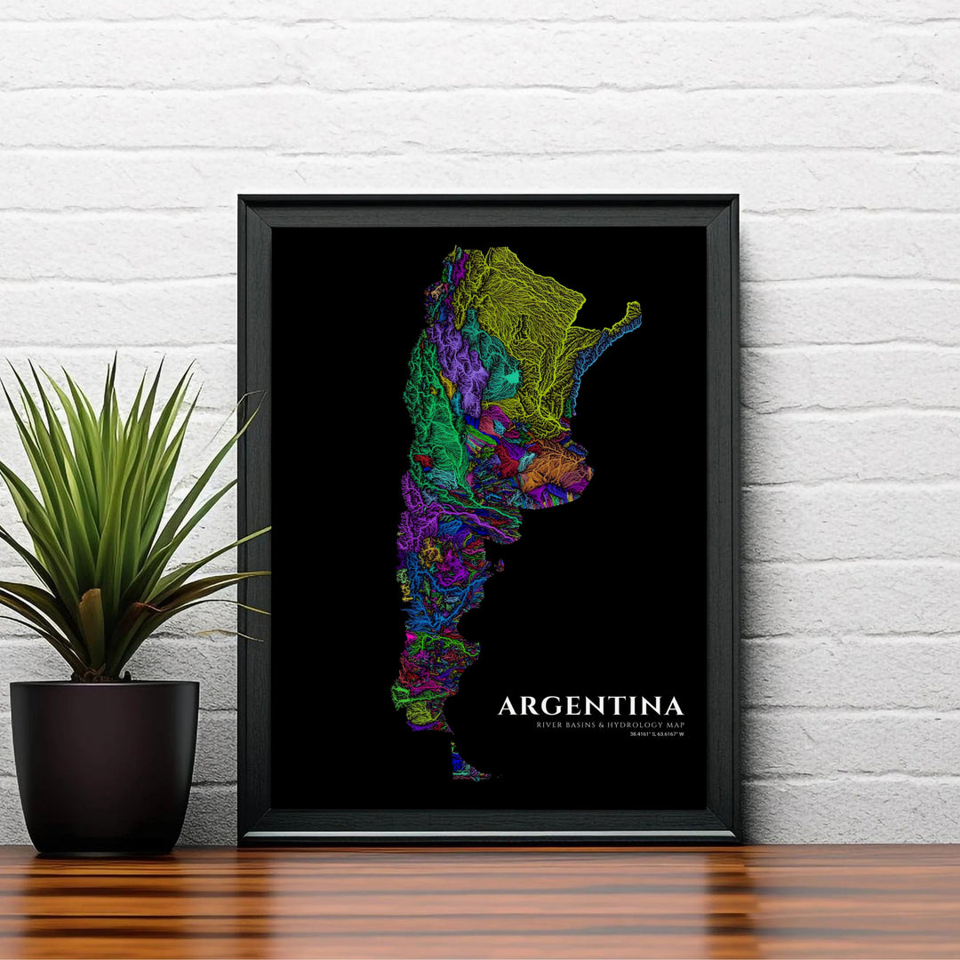 Abstract river basin chart of Argentina with glowing multicolored stream networks rendered over a dark black canvas texture. A signature piece from MapYourDreams, this artwork comes ready for display as unframed paper, framed art, or stretched canvas.