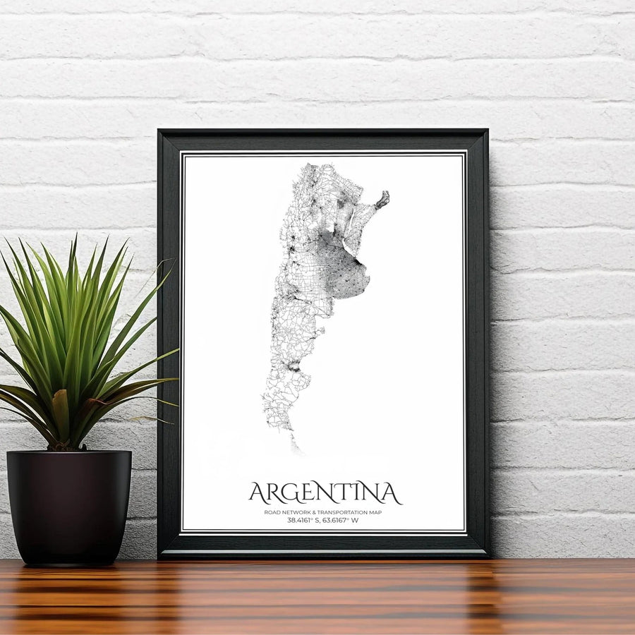 Abstract road network silhouette of Argentina rendered in high-contrast black and white graphic lines. A signature creation from MapYourDreams, this piece comes ready for any room in unframed fine art paper, elegant framed formats, or stretched canvas.