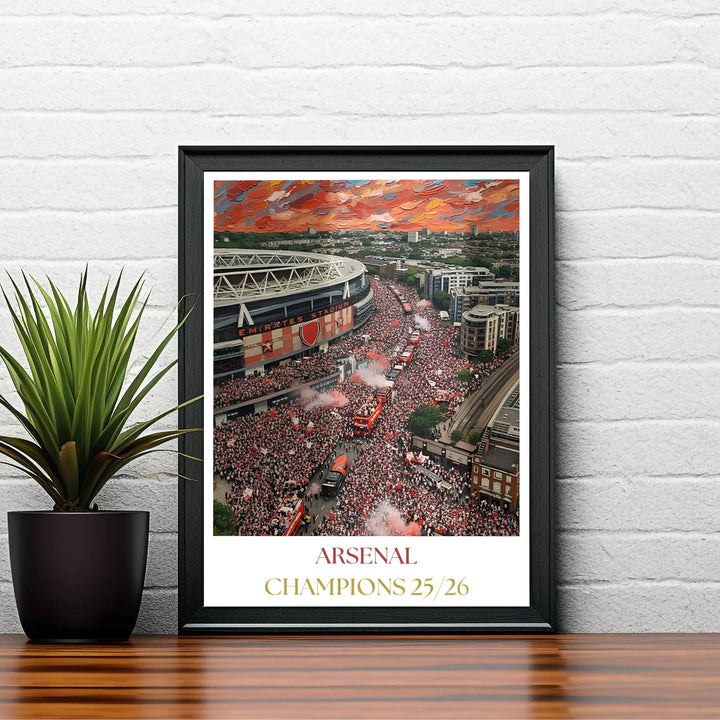 Exclusive Arsenal FC victory celebration painting print highlighting Emirates Stadium and red flare smoke, available as unframed prints, framed options, or canvas wall decor for sophisticated fan space layouts.