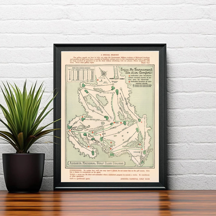 Retro golf decor wall art featuring a 1954 Augusta Georgia course map with green fairways and red star spectator indicators. Offered by MapYourDreams, this artwork is available in flexible options including unframed paper, custom wooden frames, and gallery canvas wraps for tailored home wall decor setups.