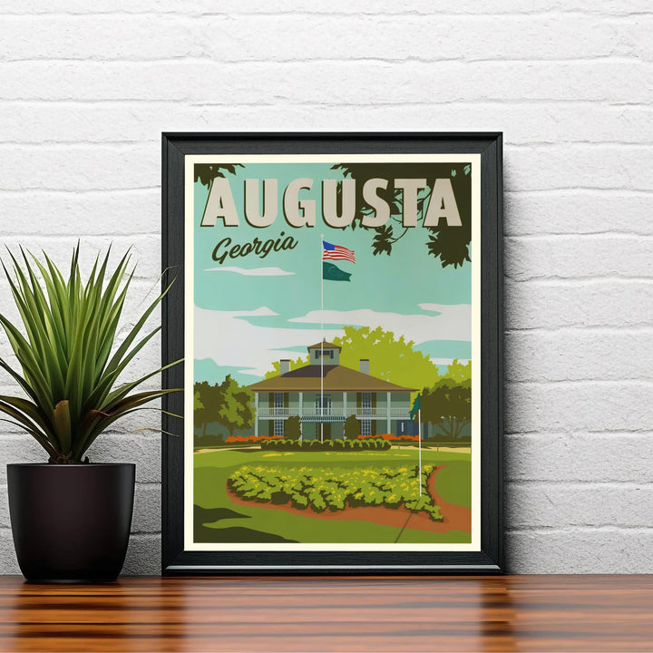 Vintage Augusta Georgia sports poster highlighting the historic golf clubhouse veranda and colorful floral bed. Offered by MapYourDreams, this artwork is available in flexible options including unframed paper, custom wooden frames, and gallery canvas wraps for tailored home wall decor setups.