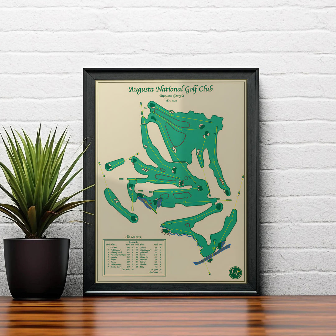 Elegant Augusta Georgia golf scorecard print displaying course establishment date, hole distances, and green fairways. Offered by MapYourDreams, this artwork is available in flexible options including unframed paper, custom wooden frames, and gallery canvas wraps for tailored home wall decor setups.