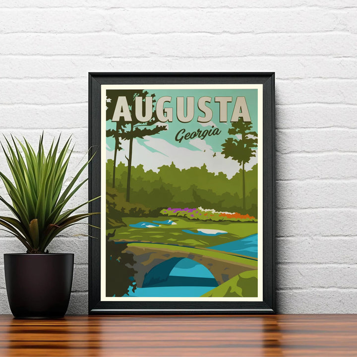 Elegant golf course canvas decor showcasing the 12th hole putting green, white sand bunkers, and Hogan Bridge at Augusta Georgia. Offered by MapYourDreams, this artwork is available in flexible options including unframed paper, custom wooden frames, and gallery canvas wraps for tailored home wall decor setups.