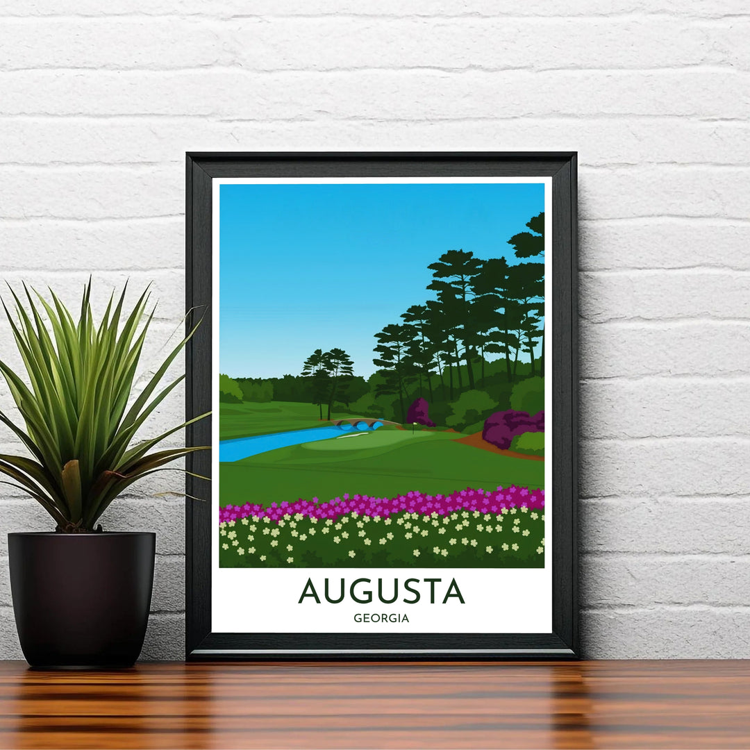 Augusta Georgia Masters golf wall decor featuring a clean vector perspective of Hole 12 Golden Bell, stone bridges, and surrounding Georgia pines. Offered by MapYourDreams, this artwork is available in flexible options including unframed paper, custom wooden frames, and gallery canvas wraps for tailored home wall decor setups.