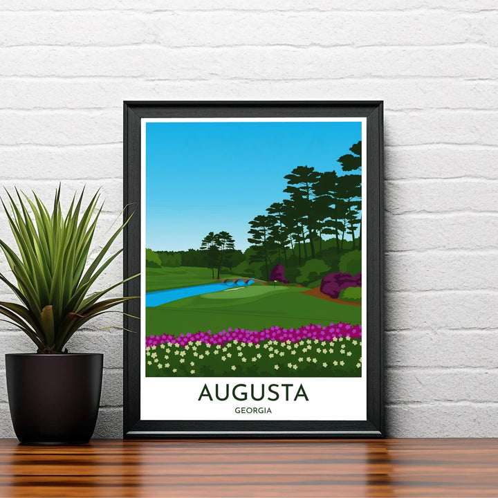 Augusta Georgia Masters golf wall decor featuring a clean vector perspective of Hole 12 Golden Bell, stone bridges, and surrounding Georgia pines. Offered by MapYourDreams, this artwork is available in flexible options including unframed paper, custom wooden frames, and gallery canvas wraps for tailored home wall decor setups.
