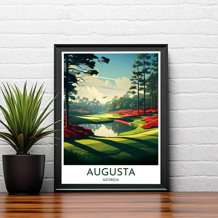 Modern illustrative sports wall art print celebrating Augusta National Golf Course in Augusta Georgia with dramatic pine silhouettes. Offered by MapYourDreams, this artwork is available in flexible options including unframed paper, custom wooden frames, and gallery canvas wraps for tailored home wall decor setups.