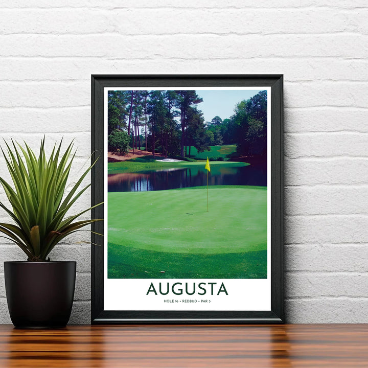 Panoramic sports wall art photo print celebrating Augusta National Golf Course in Augusta Georgia with detailed pine foliage and tranquil waters. Offered by MapYourDreams, this artwork is available in flexible options including unframed paper, custom wooden frames, and gallery canvas wraps for tailored home wall decor setups.