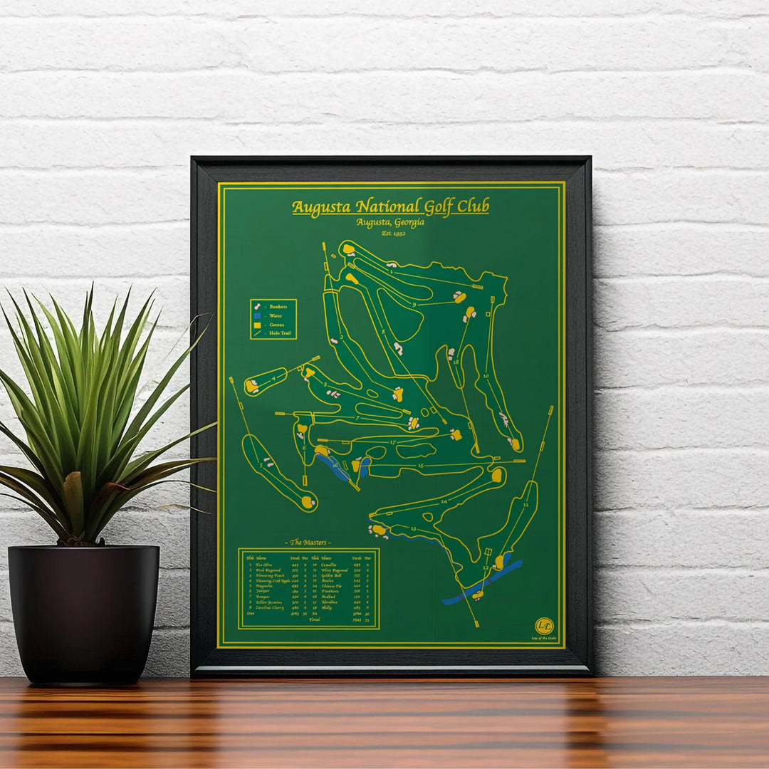 High-contrast golf course map poster of Augusta Georgia detailing par numbers, yardages, and hole titles in a clean scorecard box. Offered by MapYourDreams, this artwork is available in flexible options including unframed paper, custom wooden frames, and gallery canvas wraps for tailored home wall decor setups.