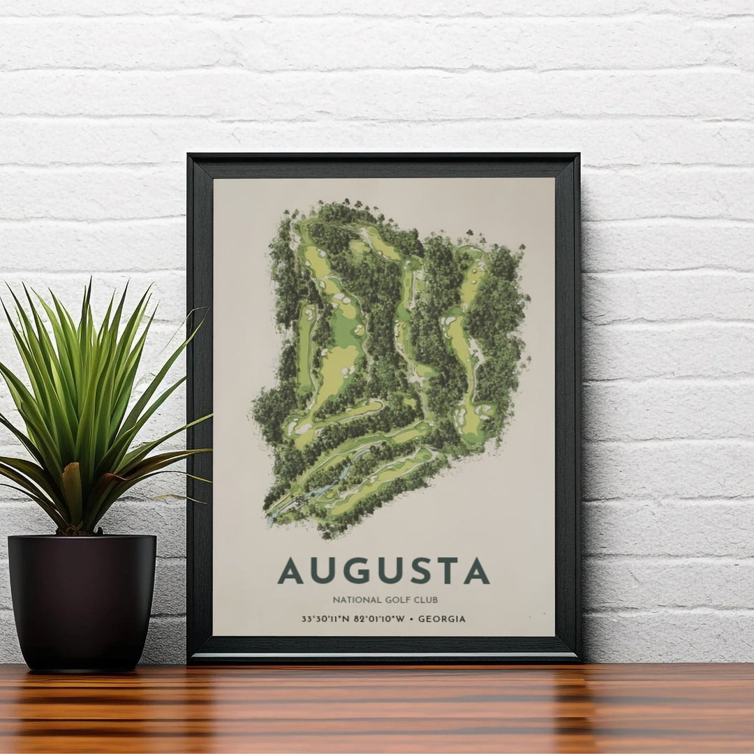 Architectural sports map wall art print celebrating Augusta National Golf Club in Augusta Georgia with precise geographic coordinates and minimalist styling. Offered by MapYourDreams, this artwork is available in flexible options including unframed paper, custom wooden frames, and gallery canvas wraps for tailored home wall decor setups.