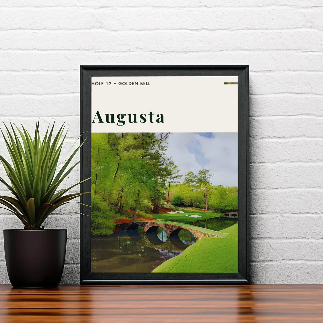 Editorial landscape golf wall art print celebrating Augusta National Golf Club in Augusta Georgia with detailed pine trees and stone bridge reflections. Offered by MapYourDreams, this artwork is available in flexible options including unframed paper, custom wooden frames, and gallery canvas wraps for tailored home wall decor setups.