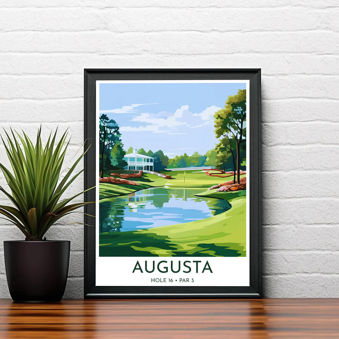 Modern retro vector travel poster of Augusta Georgia celebrating the architectural beauty of the white clubhouse and pristine water hazard. Offered by MapYourDreams, this artwork is available in flexible options including unframed paper, custom wooden frames, and gallery canvas wraps for tailored home wall decor setups.