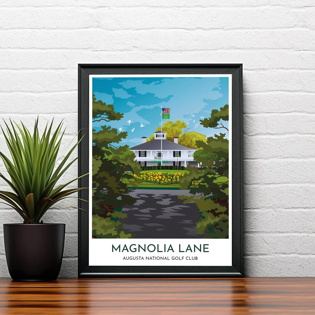 Modern retro vector travel poster of Augusta Georgia celebrating the architectural beauty of the historic clubhouse and magnolia avenue. Offered by MapYourDreams, this artwork is available in flexible options including unframed paper, custom wooden frames, and gallery canvas wraps for tailored home wall decor setups.