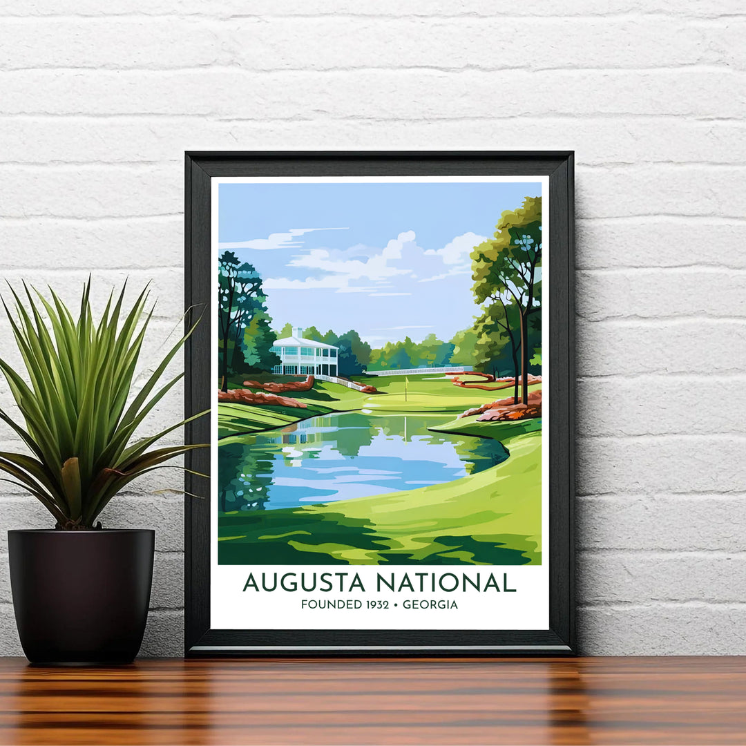 Modern vintage travel poster of Augusta Georgia celebrating the legendary clubhouse architectural design and championship golf heritage. Offered by MapYourDreams, this artwork is available in flexible options including unframed paper, custom wooden frames, and gallery canvas wraps.