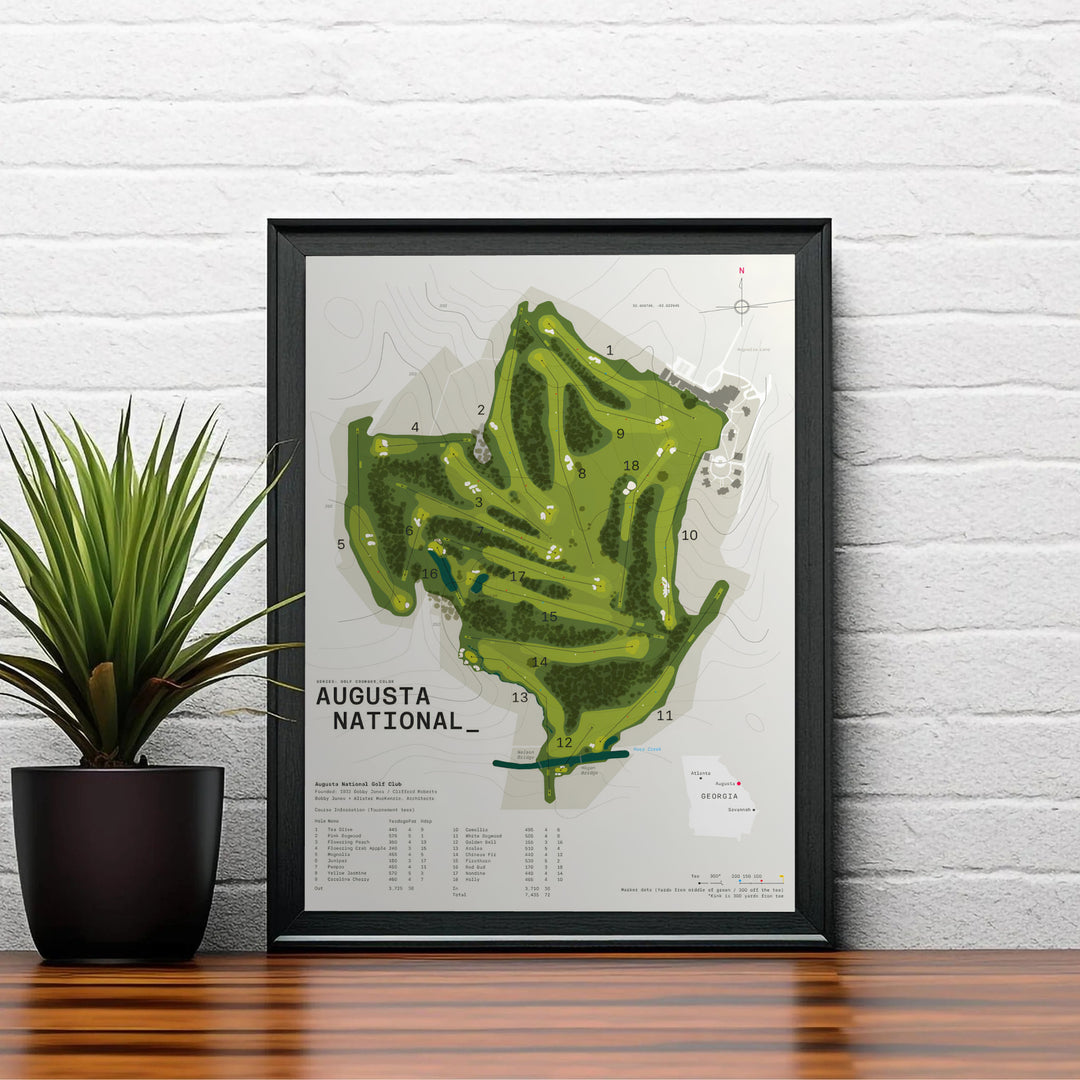 Minimalist map print of Augusta National celebrating the legendary 18-hole design with clean typography, compass indicator, and exact course metrics. Offered by MapYourDreams, this artwork is available in flexible options including unframed paper, custom wooden frames, and gallery canvas wraps.