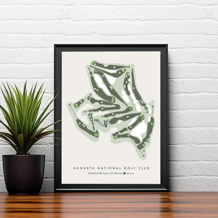 Minimalist graphic travel poster style print of Augusta Georgia celebrating the world-famous golf course layout in a stylish forest green and beige color scheme. Offered by MapYourDreams, this artwork is available in flexible options including unframed paper, custom wooden frames, and gallery canvas wraps.