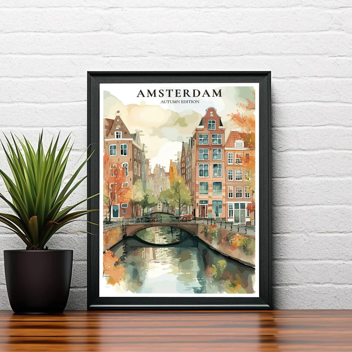 Painterly watercolor poster capturing an autumn afternoon along an Amsterdam canal with stone bridge arches, provided by MapYourDreams with catalog options like an unframed poster print, a stretched gallery canvas, or a custom framed print tailored for dining room walls.