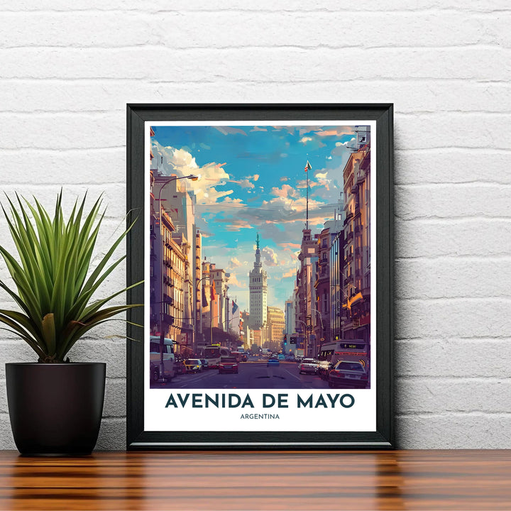 Elegant cityscape poster print showcasing Avenida de Mayo in Argentina with clean typography and vivid architectural colors. Available directly from MapYourDreams, select from borderless archival paper, solid wood frame options, or stretched canvas finishes.